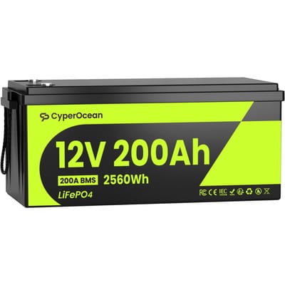 Cyperocean 12V 200Ah LiFePO4 Batterij 2560Wh 200A BMS 6000+ Laadcycli Uitbreidbaar tot 40,96kWh – Voor campers, zonnepanelen en off-grid gebruik groen