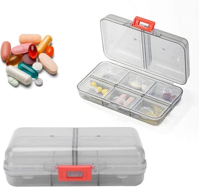 Compact pillendoosje met 8 compartimenten en afdichtingsdeksel voor dagelijkse medicatie, ideaal voor onderweg en gebruiksgemak