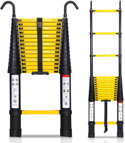 Telescopische Ladder - Telescoopladder - 4,4m zwart + haak, Compact en Draagbaar met Soft Closing Systeem, Geschikt voor Particulier en Professioneel Gebruik, Telescopische Vouwladder, Max. Belasting 150 kg