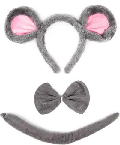 KIMU® Muis Haarband Oren, Strik, & Staart Diadeem Set - Grijs Roze Zacht Muizenpak Dierenpak Oortjes Pak - Strikje Staartje Neusje Rat Festival