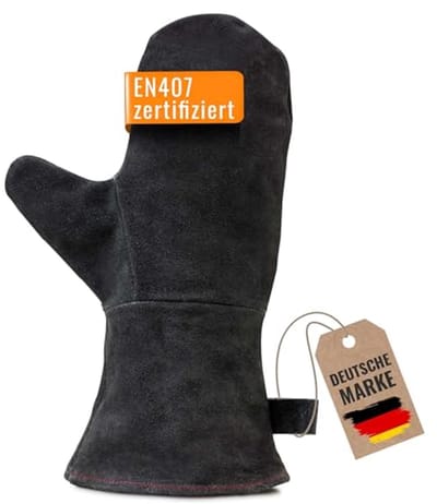 Hittebestendige schoorsteenhandschoen van leer met thermische isolatie - Zwart