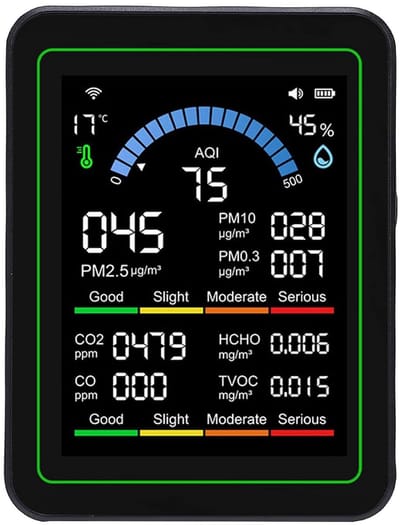 Luchtkwaliteitsdetector - CO2 Meter TVOC HCHO - Binnenlucht Monitoren - 10-in-1 Detectie - 2.8 Inch LCD - Zwart