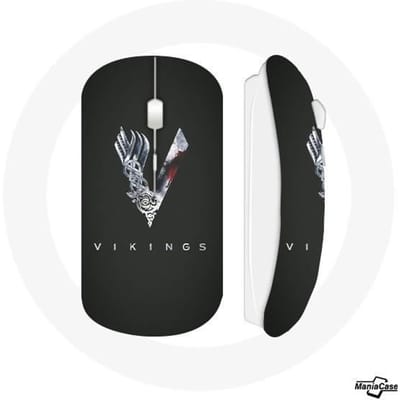 Draadloze muis Vikings-serie seizoen 6 logo V zwaard grijs zwarte achtergrond