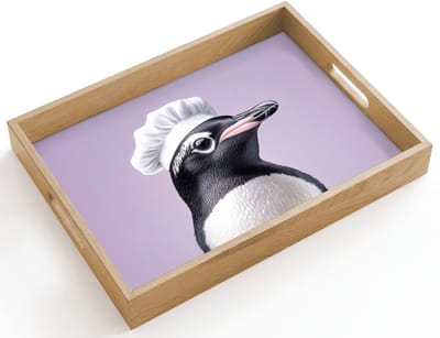 Dienblad hout 40x30 cm - Schootdienblad - Pinguïn - Koksmuts - Lief - Paars - Borrelplank rechthoek - Plateau dienbladen