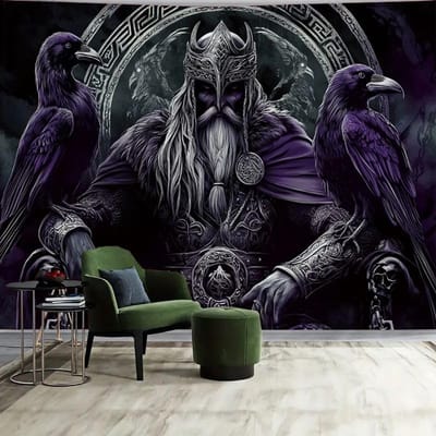 Noorse Viking Wandtapijt Odin Krijger Zwaard Bijl Raaf Wandtapijten Vierknoop Tattoo Wanddecoratie Scandinavische Meditatie Runen Voor Mannen 70x100CM