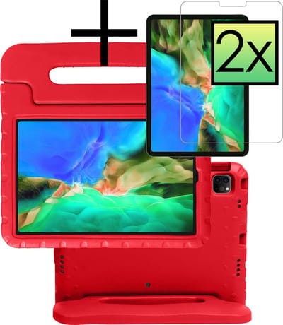 Hoes - Geschikt voor Apple iPad Pro (2022) - 11 inch - 4e generatie - Met 2x Screenprotector - Kinderhoes Shockproof Bumper - Kidsproof Case - Tablet Hoesje - Kinder Cover - Rood