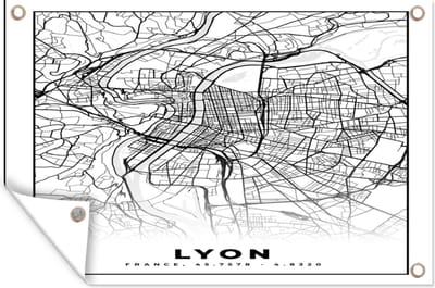 Muurdecoratie Lyon - Stadskaart - Plattegrond - Kaart - Frankrijk - Zwart wit - 180x120 cm - Tuinposter - Tuindoek