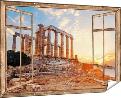 Gards Tuinposter Doorkijk Tempel van Poseidon in Athene, Griekenland - 180x120 cm - Tuindoek - Tuindecoratie - Wanddecoratie buiten - Tuinschilderij
