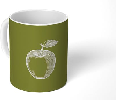 Mok - Koffiemok - Lijntekening - Appel - Olijfgroen - Blaadje - Mokken - 350 ML - Beker - Koffiemokken - Theemok
