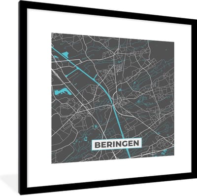 Fotolijst incl. Poster - België – Beringen – Stadskaart – Kaart – Blauw – Plattegrond - 40x40 cm - Posterlijst