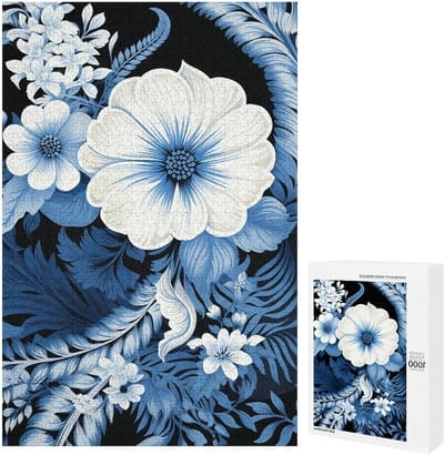 Houten Puzzel - Bloemen Puzzel - Ontspanning - Gladde Afwerking - 1000 Stukjes - Blauw Wit