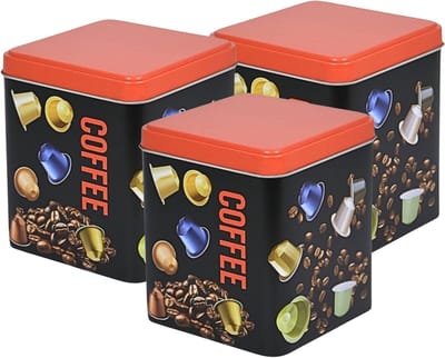 Excellent Houseware Koffie cupjes bewaarblik - 3x - zwart - cupjes en bonen print - 10 x 10 x 12 cm - bewaarbus