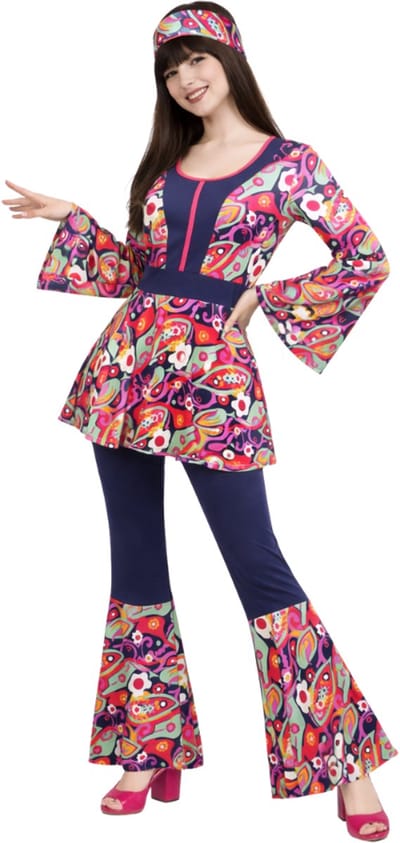 Joya Party® Hippie Verkleed Pak Dames | 2-Delig met Hoofdband | Jaren 60 & 70 Flower Power | Verkleedpak Vrouw | Groovy Stretch Materiaal | Carnaval, Themafeest & Halloween | Maat S