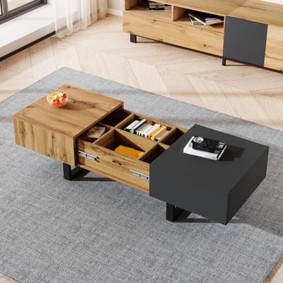 DESMIU Salontafel - Schuifbaar Ontwerp Met Verborgen Opbergruimte - Voor Woonkamer En Kantoor - Spaanplaat En Metaal - Naturel - 100x40x55 Cm