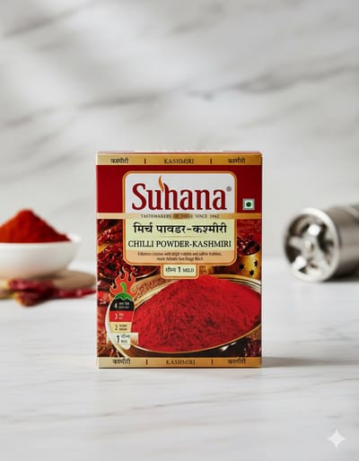 Suhana Kashmiri Chilipowder 2 X 100g – Authentiek & Zuiver Kashmir Chilipulver uit India | 100% Natuurlijk, Intens Aroma, Levendige Kleur | Perfect voor Curry’s, Soepen, Marinades & Indiase Gerechten | Premium Kwaliteit met Kajal Sticker