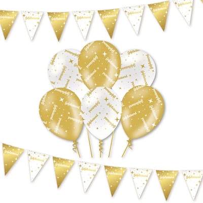 Q2P - Gefeliciteerd - Slingers - Ballonnen - Wit & Goud Set - Verjaardag Versiering - Helium Ballon