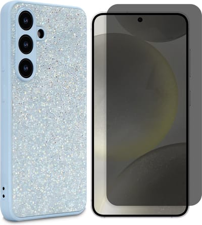 Casemania Hoesje & Privacy Glas Geschikt voor Samsung Galaxy S25 - Blauw - Diamant Glitter Back Cover & Glazen Screenprotector