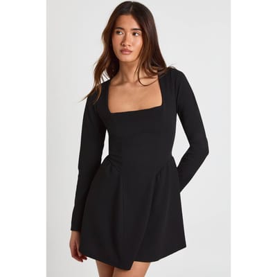 boohoo Dames Mini-jurk met lange mouwen, vierkante hals en volle rok | Black | Maat: 8