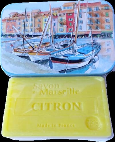 Metalen zeepblik met opdruk Bateaux met Marseillezeep Citroen 100 gram