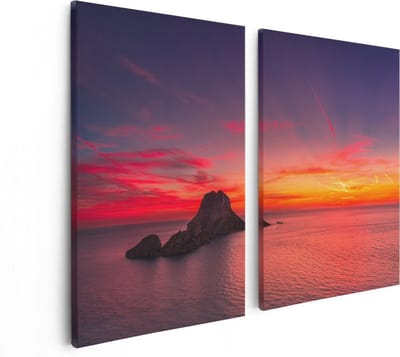 Artaza Canvas Schilderij Tweeluik Ibiza Rotsen Eiland bij Zonsondergang - 80x60 - Foto Op Canvas - Canvas Print