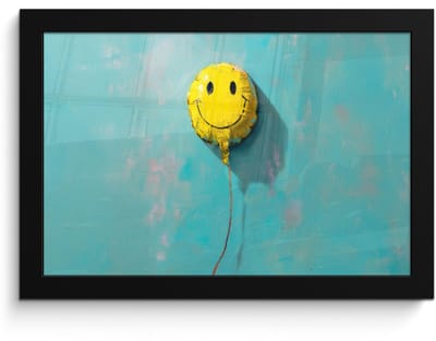Poster in lijst - Fotolijst 30x20 cm - Posters - Ballon - Geel - Smiley - Posterlijst zwart - Decoratie - Wanddecoratie woonkamer - Muurdecoratie slaapkamer