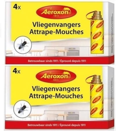 Aeroxon vliegenvangers met plakstrip - 8x st - 22 cm - Vliegenstrips milieuvriendelijk - Anti-insect - Insectenbestrijding