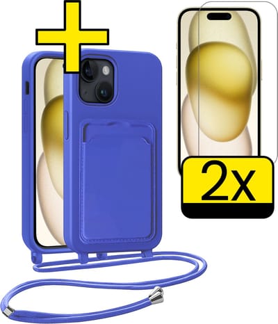 Hoesje Geschikt voor iPhone 14 Pro Max Telefoonhoesje Met Koord Case Pashouder Met 2x Screenprotector Siliconen - Hoes Geschikt voor iPhone 14 Pro Max Hoesje Met Kaarthouder - Felblauw