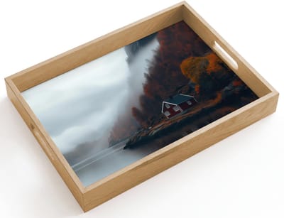 Dienblad hout 40x30 cm - Schootdienblad - Huis - Rood - Bergen - Water - Borrelplank rechthoek - Plateau dienbladen