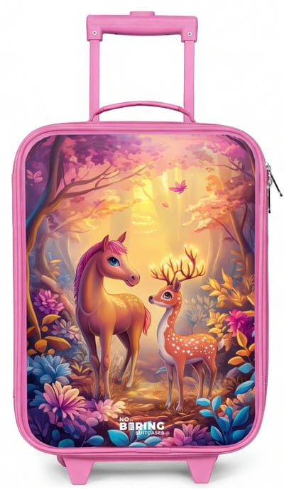 NoBoringSuitcases.com® - Kinderkoffer roze - Kindertrolley meisje - Paard en hert in een roze sprookjesbos - Koffer kind lichtgewicht - Reiskoffer trolley voor kinderen - Koffertje met lichtgevende wieltjes - Rolkoffer