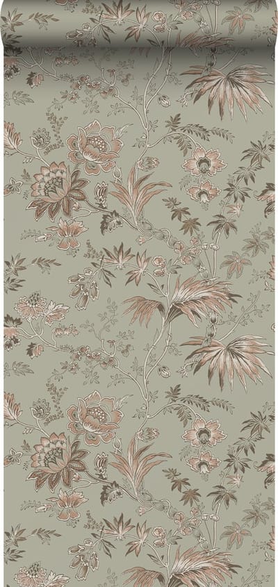 ESTAhome behang vintage bloemen vergrijsd mintgroen en zacht roze - 53 cm x 10.05 m - 139297