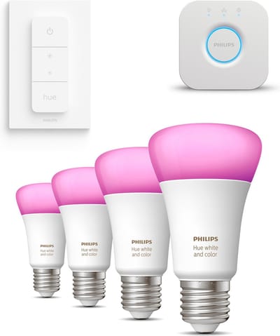 Philips Hue Starterspakket - E27 - met 4 Standaard Lampen - Wit en Gekleurd Licht - Incl. 1 Hue Bridge, 1 Hue Dimmer Switch - Hue White and Color Ambiance