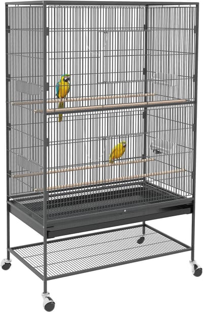 PawHut vogelkooi - met zitstokken lade - legplank - wieltjes - grijs
