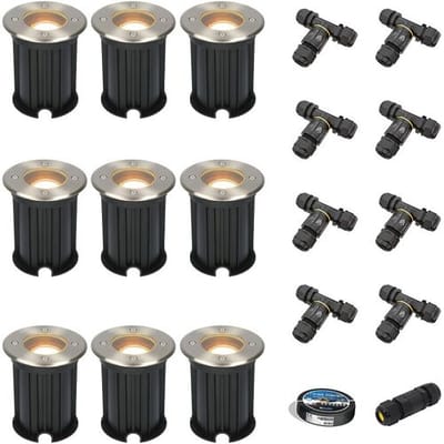 Set van 9 Maisy LED Grondspots Rond - Dimbaar - GU10 - 2700K warm wit - 4 Watt 345 lumen - Rond - Ø12cm - Tuinspot - Oprit - RVS - IP67 - Inclusief installatiemateriaal (Kabel & connector)