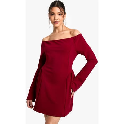 boohoo Dames High Bardot Tie Back Skater Jurk | Burgundy | Maat: 8