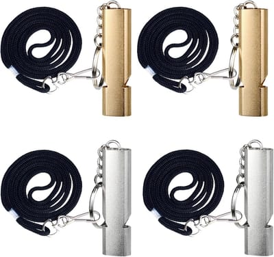 Set van 4 Dubbele Tubes, Metalen Noodfluit met Sleutelhanger en Koord, Ideaal voor Kamperen, Overleving en Training in de Buitenlucht