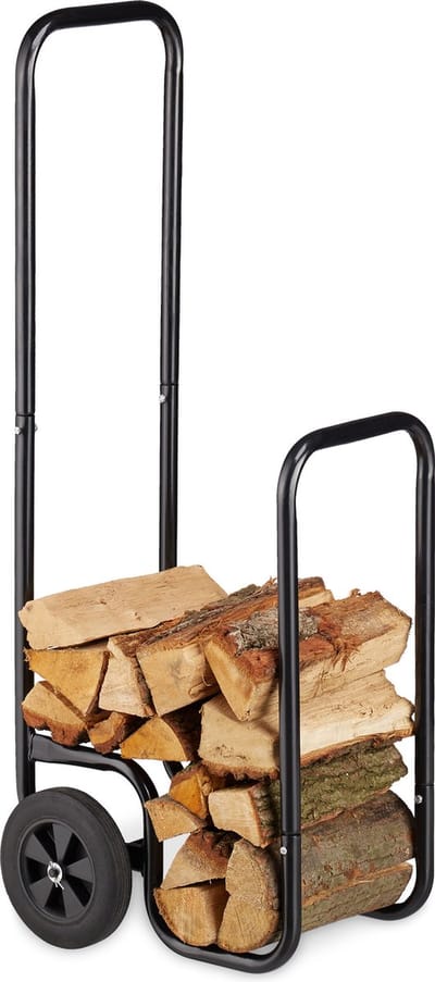 brandhoutkar metaal - 2 rubberen wielen - draaglast 60 kg - transport - houtopslag - zwart
