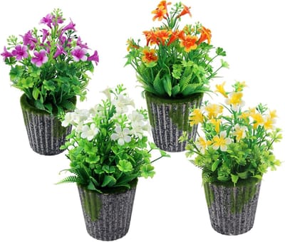 Set van 4 Kunstbloemen in Pot met Kunstmos, 24 cm - Perfect voor Binnen, Boekenkast en Balkon Decoratie in Diverse Kleuren