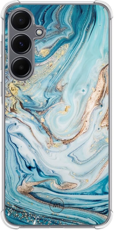 Hoesje (shockproof) geschikt voor Samsung Galaxy A15 - Marmer blauw goud - Extra sterke case - TPU/polycarbonaat - Marmer - Blauw, Transparant