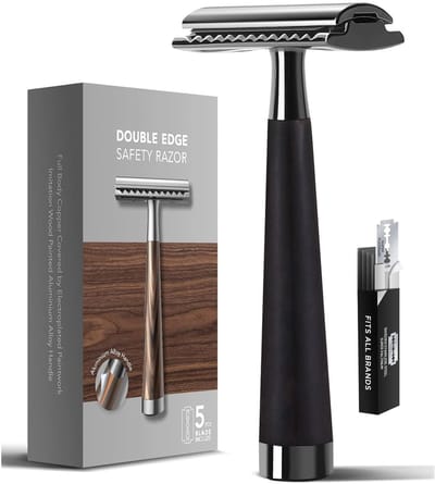 Double Edge Veiligheids Scheermes - Herbruikbaar Metaal Scheerapparaat met Imitatie Houten Handvat - Voor Mannen & Vrouwen - Incl. 5 Vervangmesjes - Zwart - 1 stuk