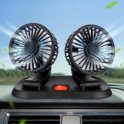 Thijox - Autoventilator met Dubbele Kop, 360 Graden Draaibaar, Stil en Krachtig, 2 Snelheden, USB Draagbaar, Ventilator voor Auto, SUV, Bestelwagen, K