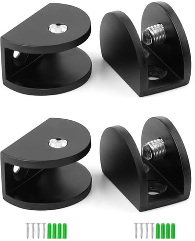 Dailygoods- Plankbeugels - Verstelbaar - Antislip - Zwarte Zinklegering - Halfronde Clip - Voor 6-10mm Glas - Inclusief Schroeven en Expansiebuizen - Glasclips