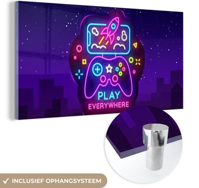 MuchoWow® Glasschilderij 120x60 cm - Schilderij acrylglas - Gaming - Neon - Play - Blauw - Nacht - Controller - Foto op glas - Schilderijen