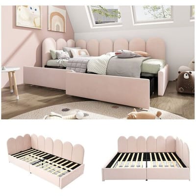 Merax Gestoffeerd bed 90 x 190 cm met 2 lades en hoofdeinde - Fluweel - Slaapbank - Roze (zonder matras)