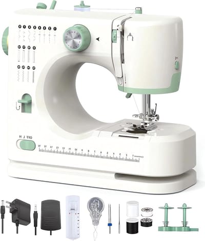 Verbeterde draagbare naaimachine voor beginners, met 16 steekmodi, dubbele naald en instelbare snelheid, licht design, ideaal voetpedaal voor volwassenen, doe-het-zelvers en knutselen (16