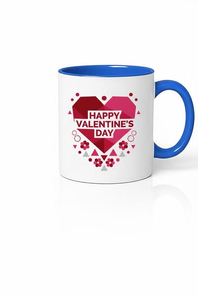 Valentijnsdag Mok "Happy Valentine's Day" Hart Design - Wit met Blauw Handvat - Keramiek Cadeau