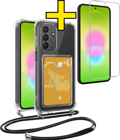 Hoesje Geschikt voor Samsung A27 Telefoonhoesje Met Koord Case Pashouder Met Screenprotector Siliconen - Hoes Geschikt voor Samsung Galaxy A27 Hoesje Met Kaarthouder - Transparant