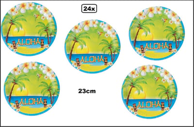 24x Bord Tropical summer karton - 23cm- Wegwerp - Hawai beach strand party Tropical feest festival zomers evenement dinerbord