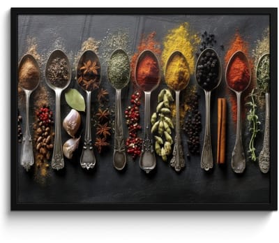 Poster in lijst - Fotolijst 70x50 cm - Posters - Lepels - Specerijen - Kaneel - Chili - Posterlijst zwart - Decoratie - Wanddecoratie woonkamer - Muurdecoratie slaapkamer