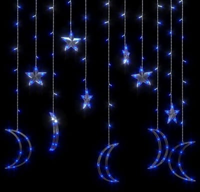 Kerst / Ramadan Verlichting Raam Versiering Gordijn Maan Met Lichtjes - 3.5 x 1.0 Meter - Blauwe LED Lichtjes