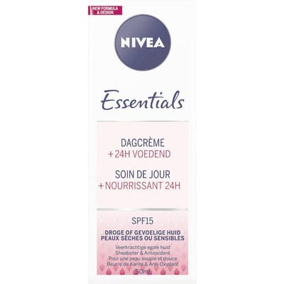 NIVEA Essentials Voedende Dagcrème - Gezichtscreme Droge huid - SPF 15 - Gezichtsverzorging Met natuurlijke amandelolie - 50 ml